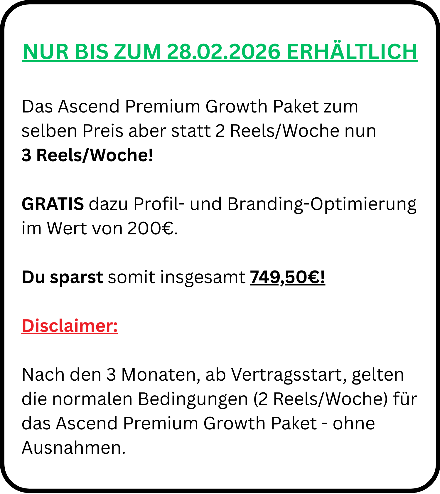 Werbeplakat für einen Instagram-Service mit Angebot bis zum 28. Februar 2026, inklusive Preisersparnis und kostenloser Branding-Optimierung.