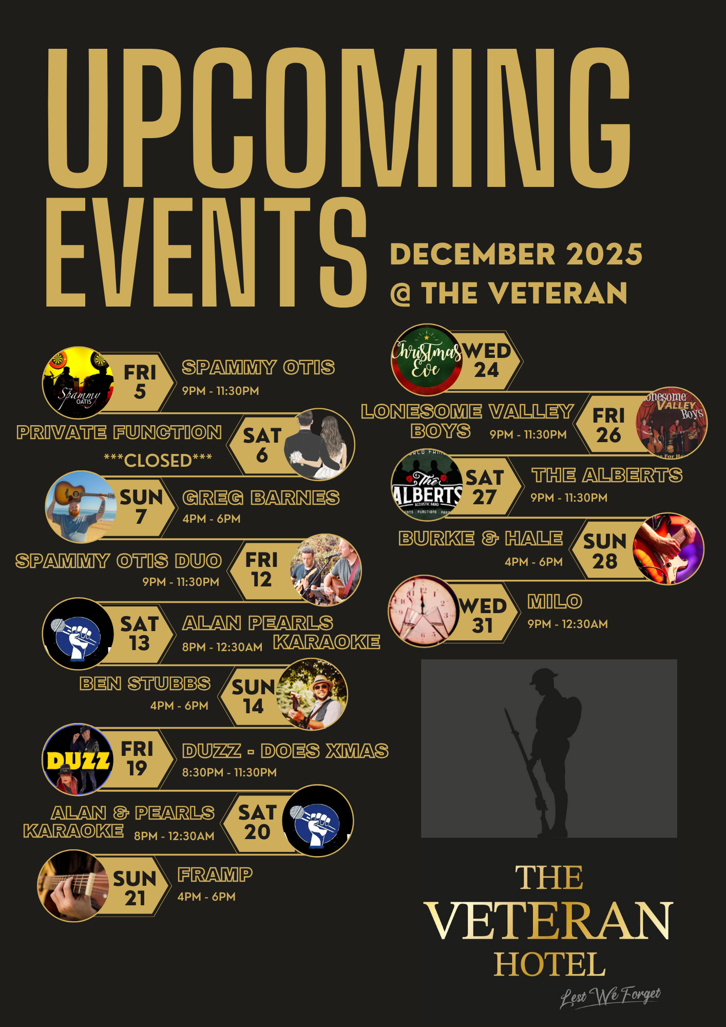 Upcoming events schedule for December 2025 at The Veteran Hotel, including music performances, karaoke, and special holiday themed events.