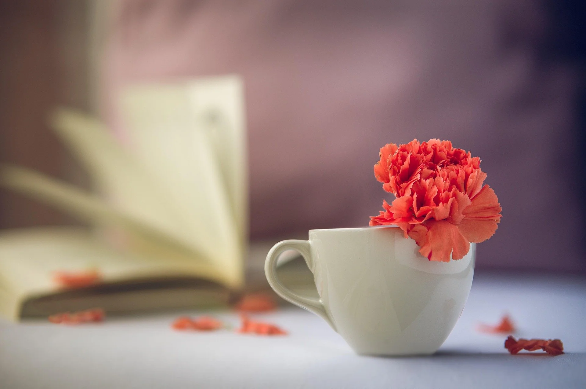 A white mug with an orange flower inside, placed on a surface with scattered petals, with a blurry book and a candle in the background.