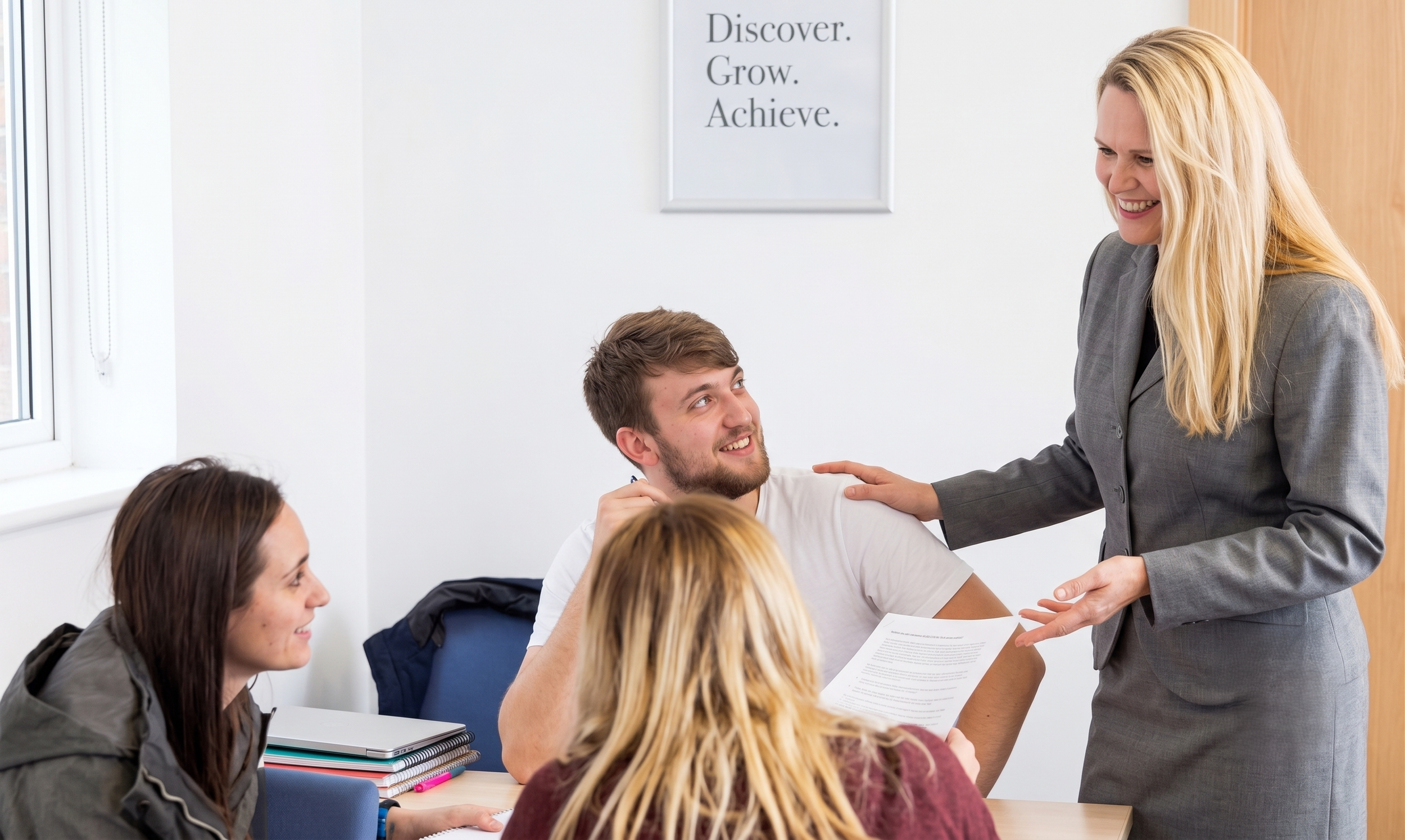 A diverse group of students sitting around a table in a classroom, smiling and engaging with a woman teacher who is standing and smiling at them, holding papers. The classroom has a motivational poster on the wall that reads 'Discover. Grow. Achieve.'