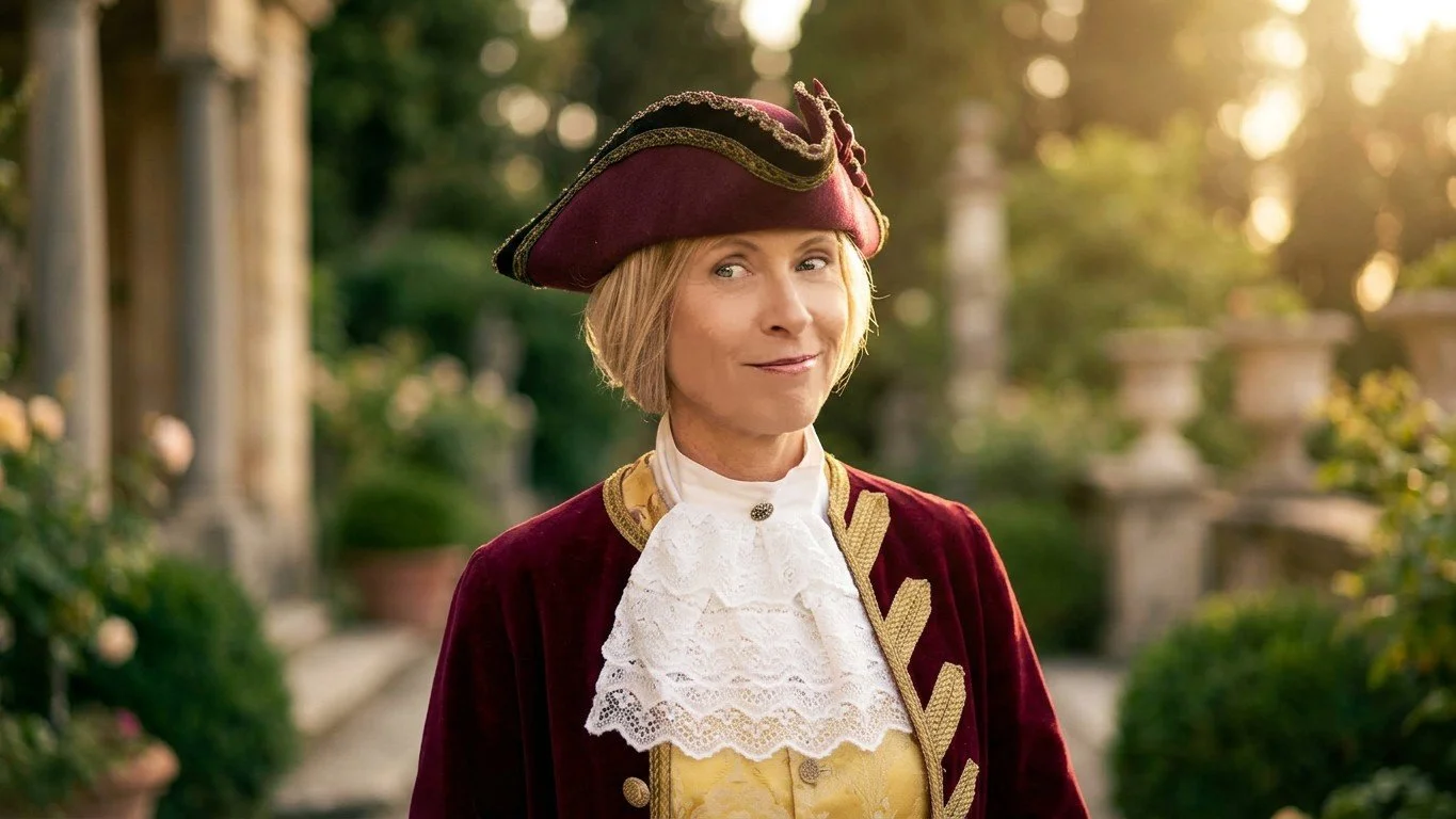 Woman smiling playfully, dressed in historical costume, wearing a burgundy velvet coat with gold trim, a yellow waistcoat, and a white lace jabot, standing outdoors in a UNESCO heritage garden with stone urns and greenery, bathed in warm sunlight.