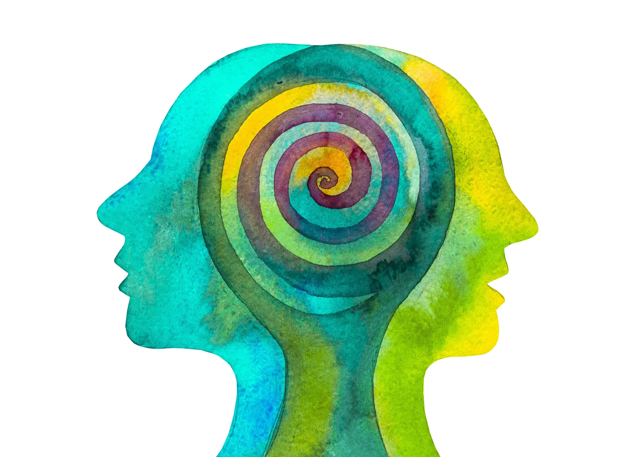 Zwei im Wasserfarbenstil gestaltete menschliche Köpfe, die Rücken an Rücken stehen, mit einem spiralförmigen Muster im Gehirn.