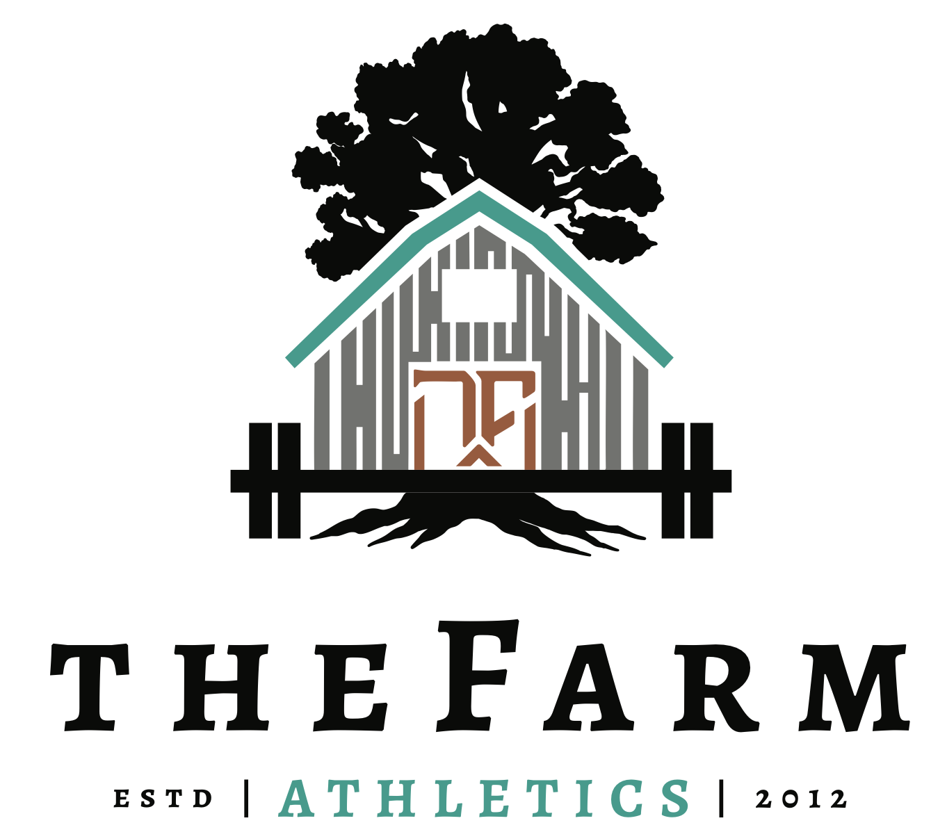 The Farm Athletics Logo with an Oak Tree Behind a Barn and a Barbell