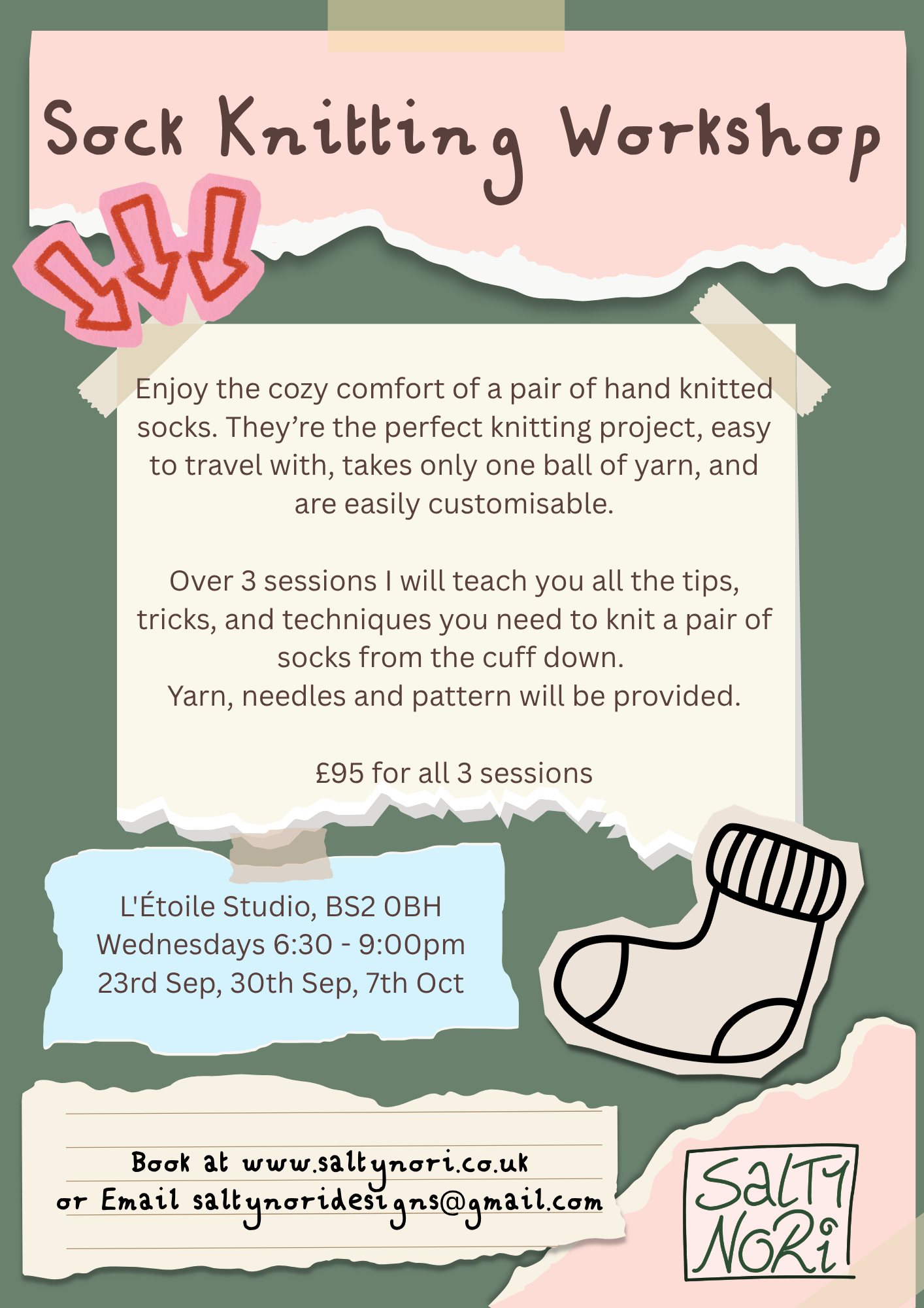 Learn to Knit Socks Workshop - Wednesday 23rd Sept, 30th Sept, 7th October Evening