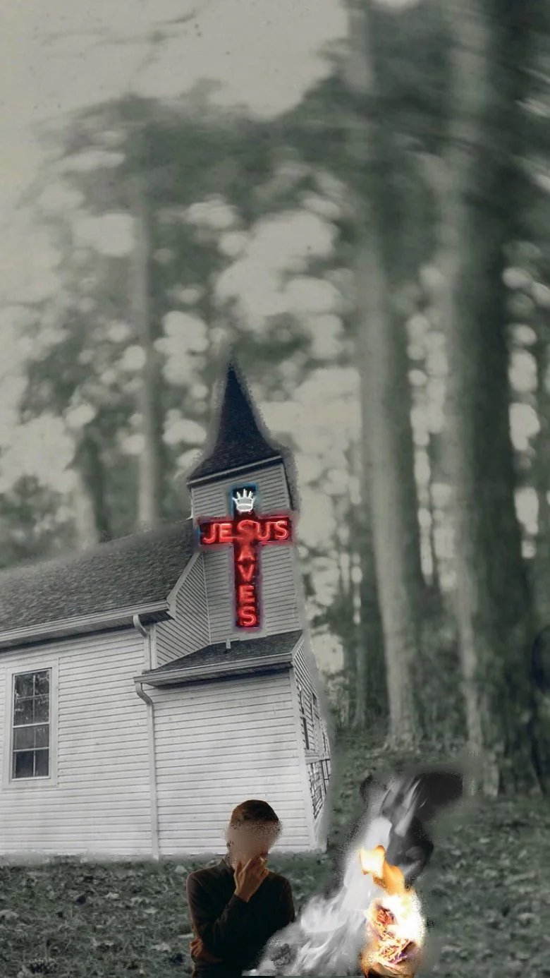 A grayscale church in the woods with a blurred neon sign that says "Jesus saves". In the foreground is a blurred out man smoking a cigarette near a fire.