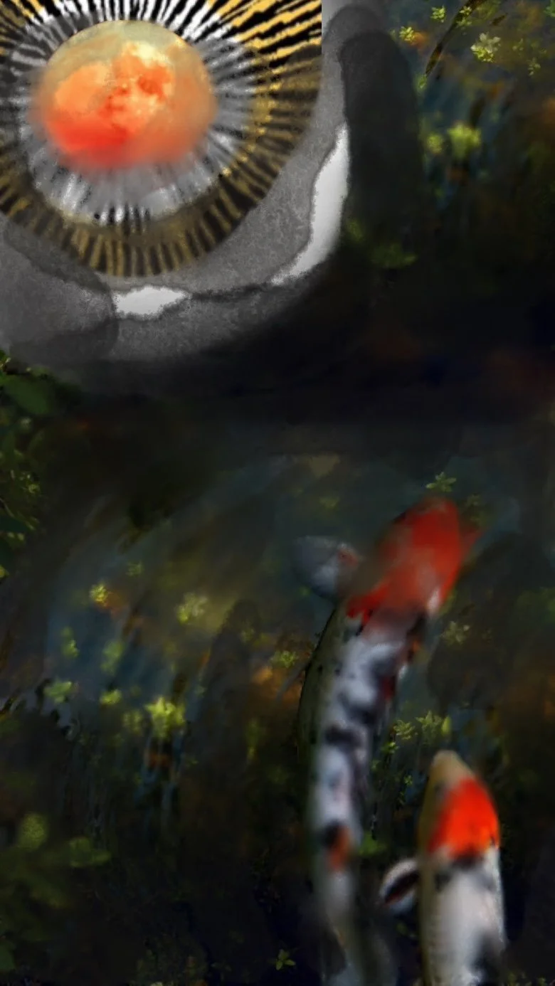 a blurred collage featuring a moon in one corder, and two koi fish in the other