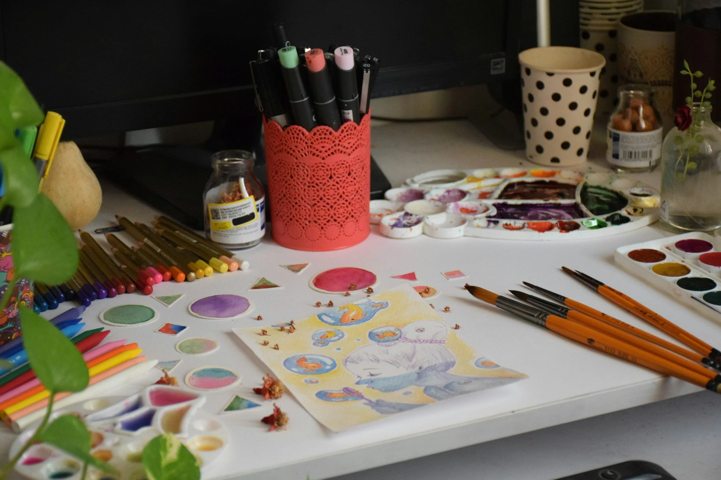 A creative workspace at home with art therapy supplies for mindfulness and anxiety/stress relief