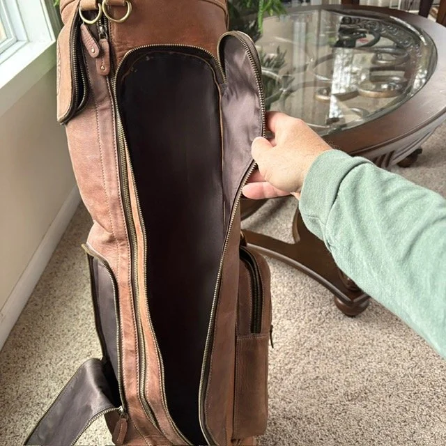 full grain-natural-leather-tan-golf bag-handmade-vintage-side pocket.jpeg