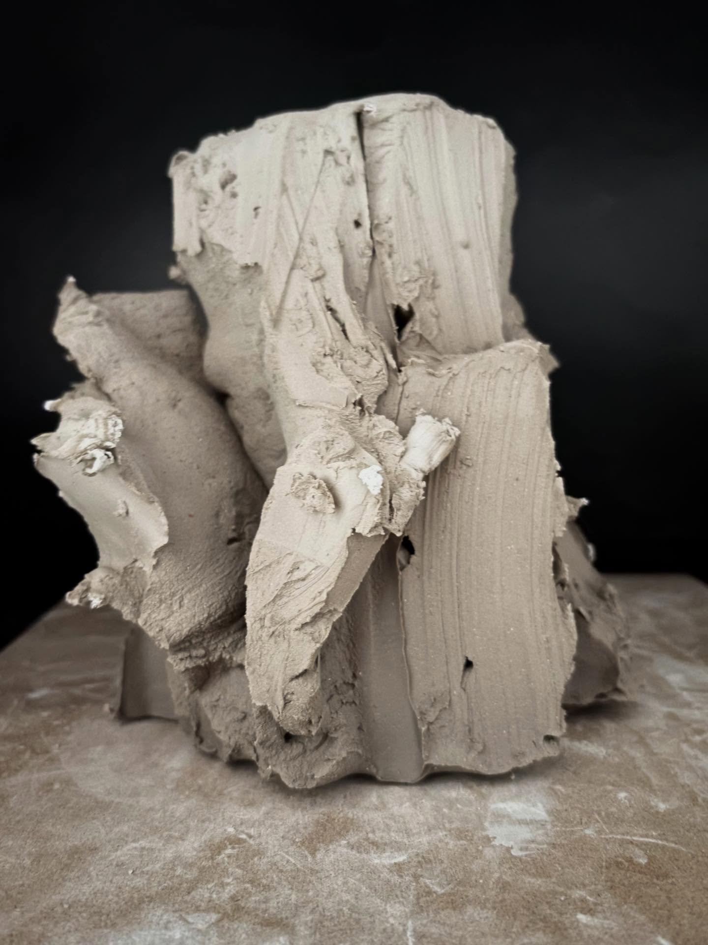 Greenware gets the atmospheric treatment today. Thoughts?

Kurinuki iteration: lots of laminated layers, carved and torn with a palette knife. @starworksceramics Star 6 White.

Still drying and I&rsquo;m already making my obeisances to the kiln gods.