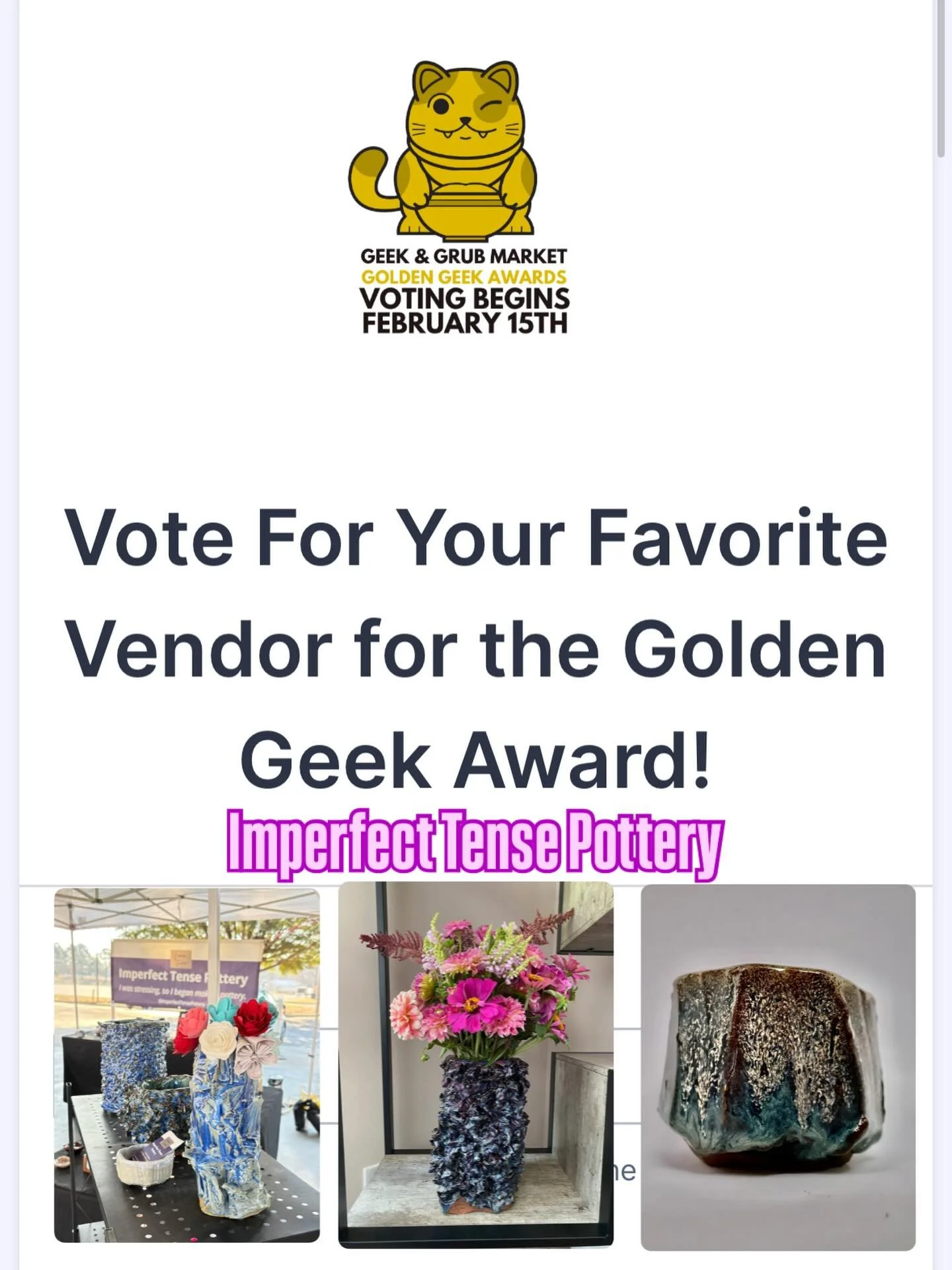 Please vote! I'm proud to be among some formidable finalists, and I greatly appreciate your continued support. Thank you!

Vote at https://www.jotform.com/form/260463825271053

Or check out @geekandgrubmarket or https://www.geekandgrubmarket.com to f