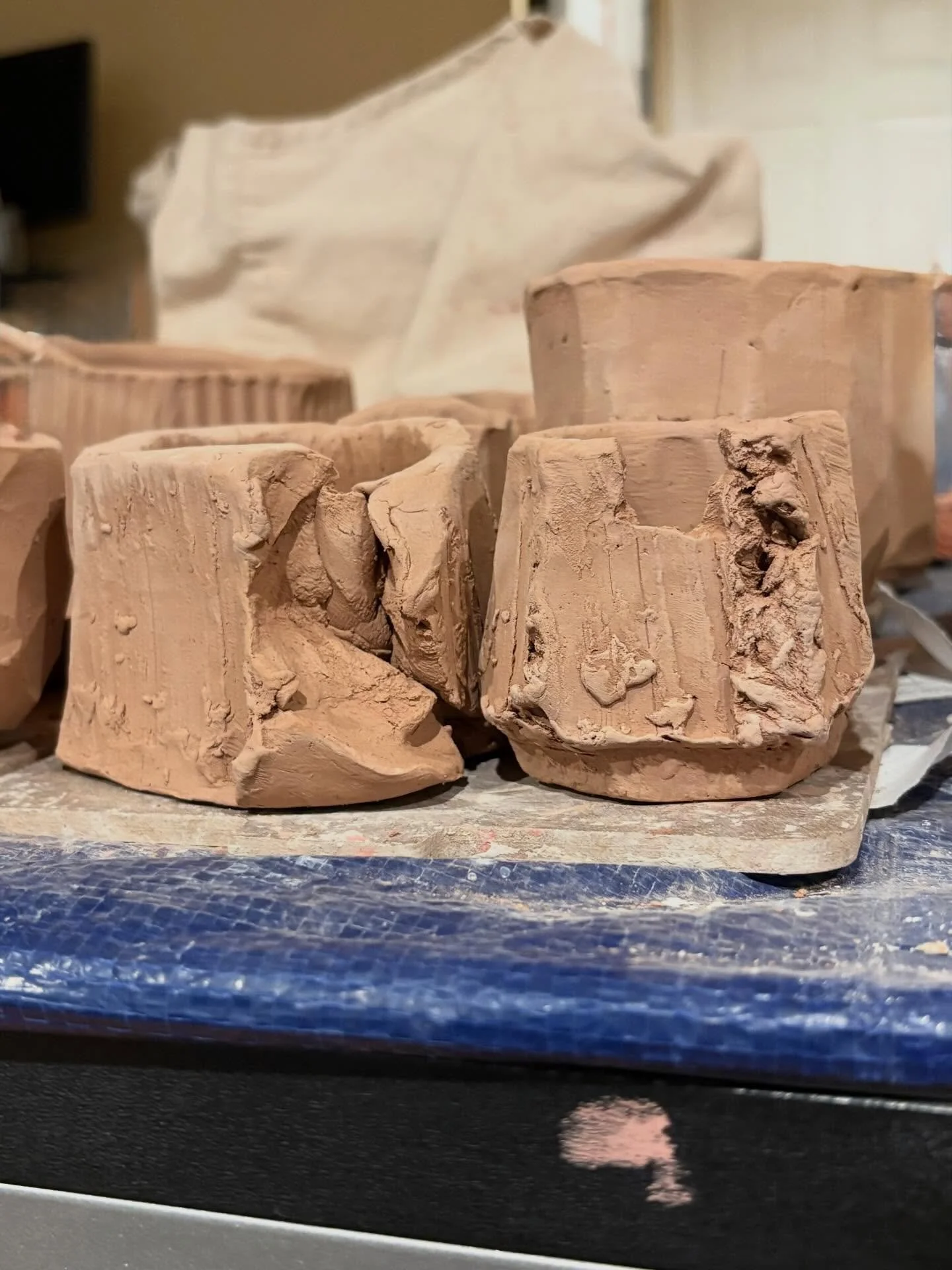 Greenware ready for bisque firing. All feature my intuitive interpretations of kurinuki or similar shaping techniques applied to @starworksceramics Star 6 Red.

This weekend I&rsquo;ll finally be back at the NC State Farmers Market, most likely Frida