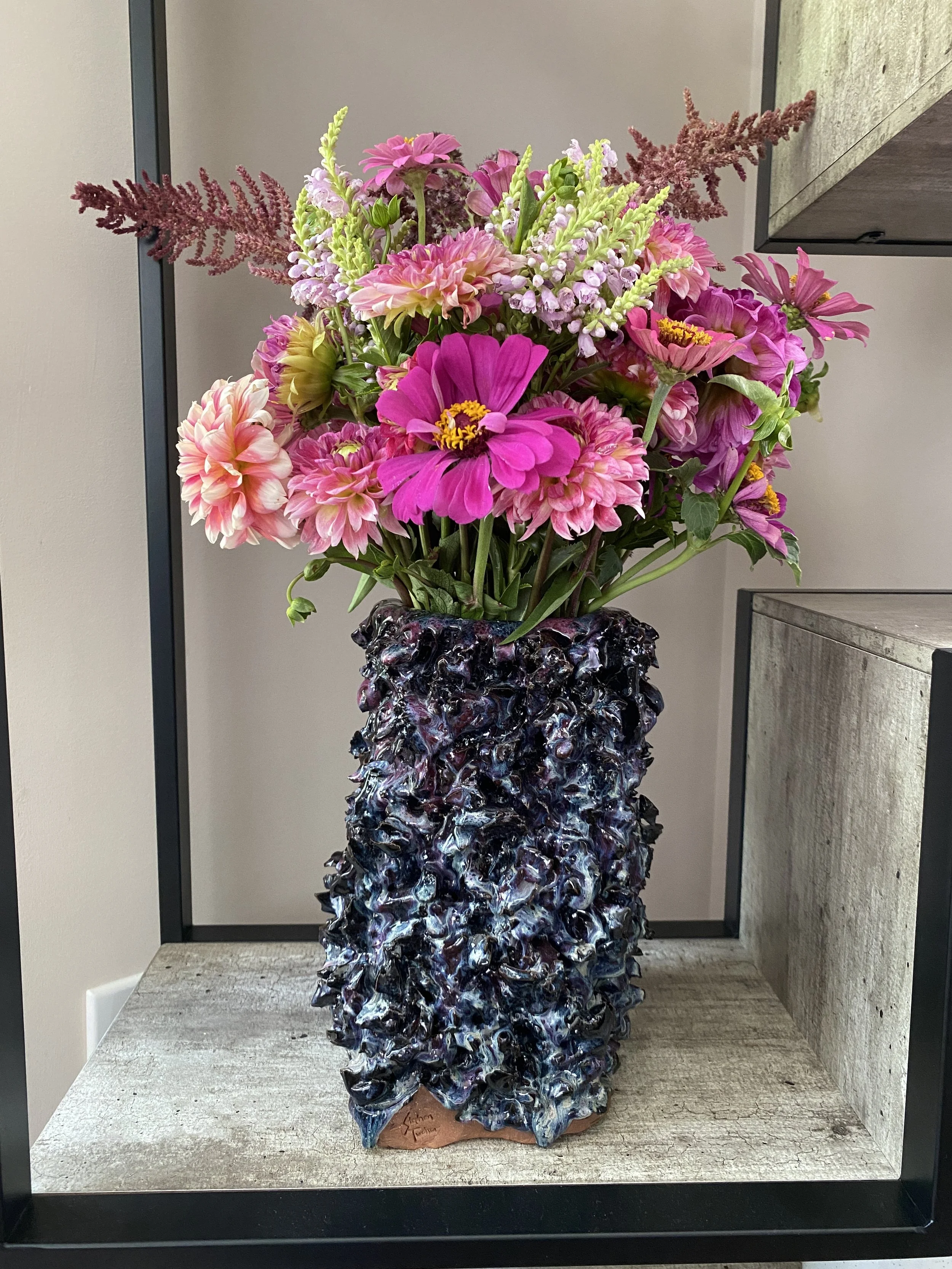 Sparklemonster (Tall) in Purple, Blue, and Black (Exhibited at the Atrium Health Carolinas Medical Center Gallery, Charlotte, NC, February 1-April 30, 2025; private collection)