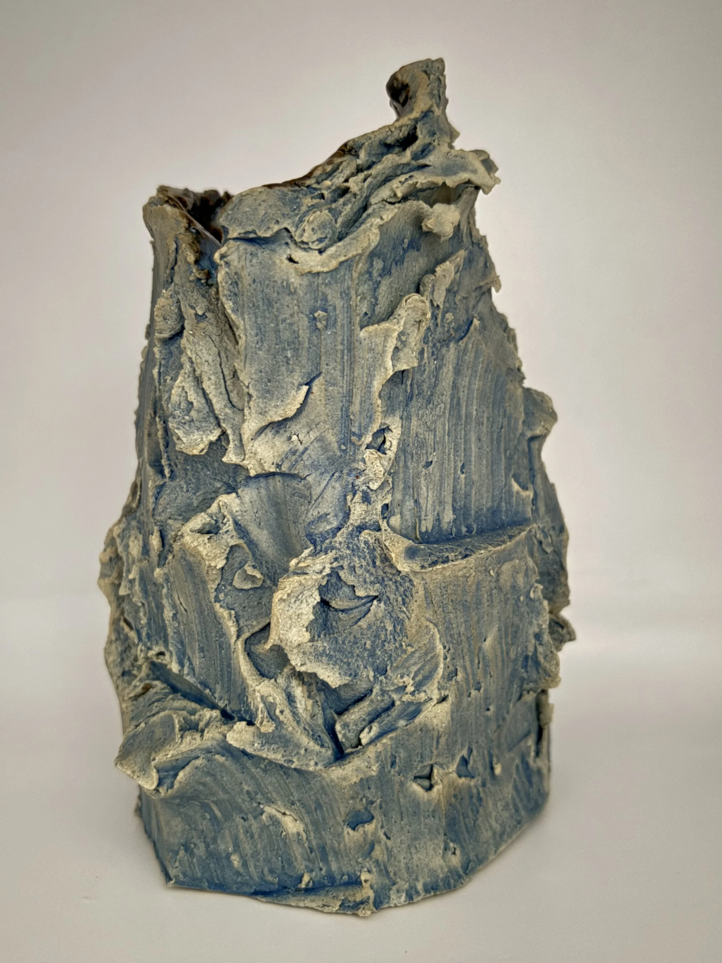 Kurinuki peeled vase with cobalt wash (available)