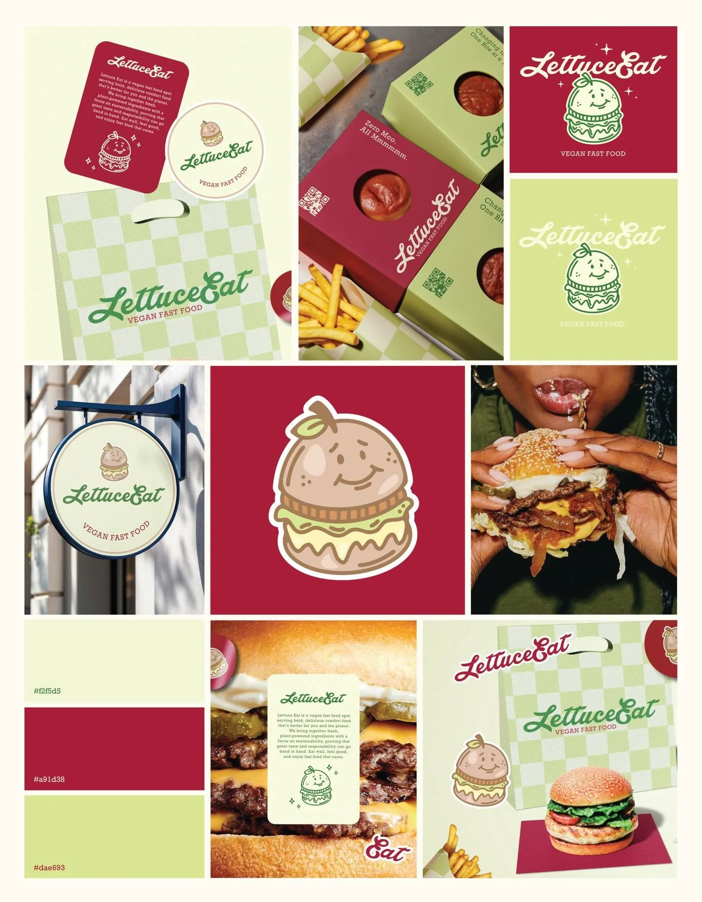 Mood Board for my recent passion project, a vegan fast food chain called &lsquo;Lettuce Eat&rsquo; 🥬🩷✨🍔 

I hope everyone is catching the double entendre of Lett-uce eat&hellip;. let us eat? Genius. 

#logodesigning #branding #artist #brandidentiy