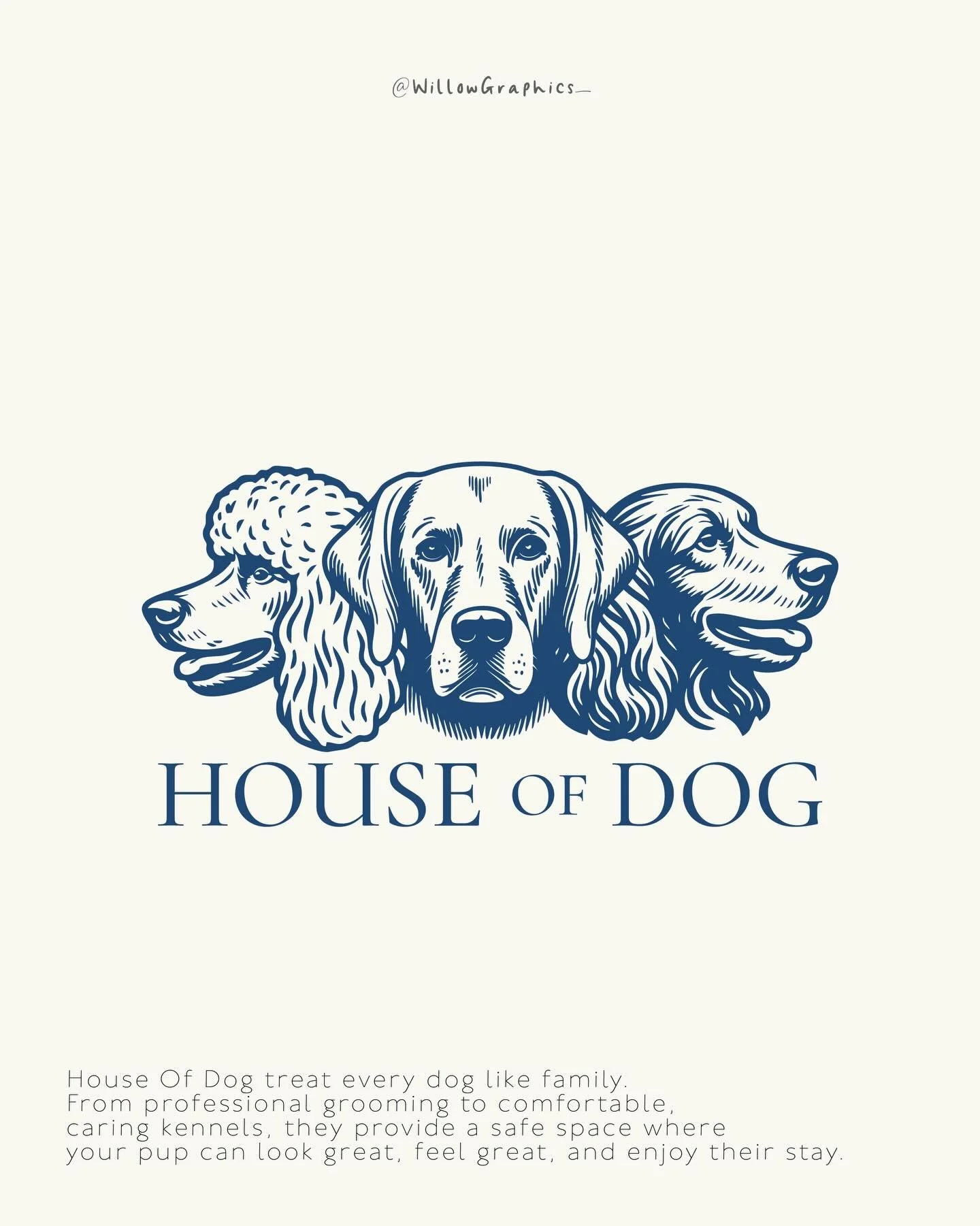 A recent logo design for @houseofdog_earlscolne 🐶💙🫧 

A traditional style emblem inspired by House of Dog&rsquo;s very own members. This is a logo that honors the craft of grooming with a personal, heartfelt touch ! 💙✨🫧 

#graphicdesigners #desi