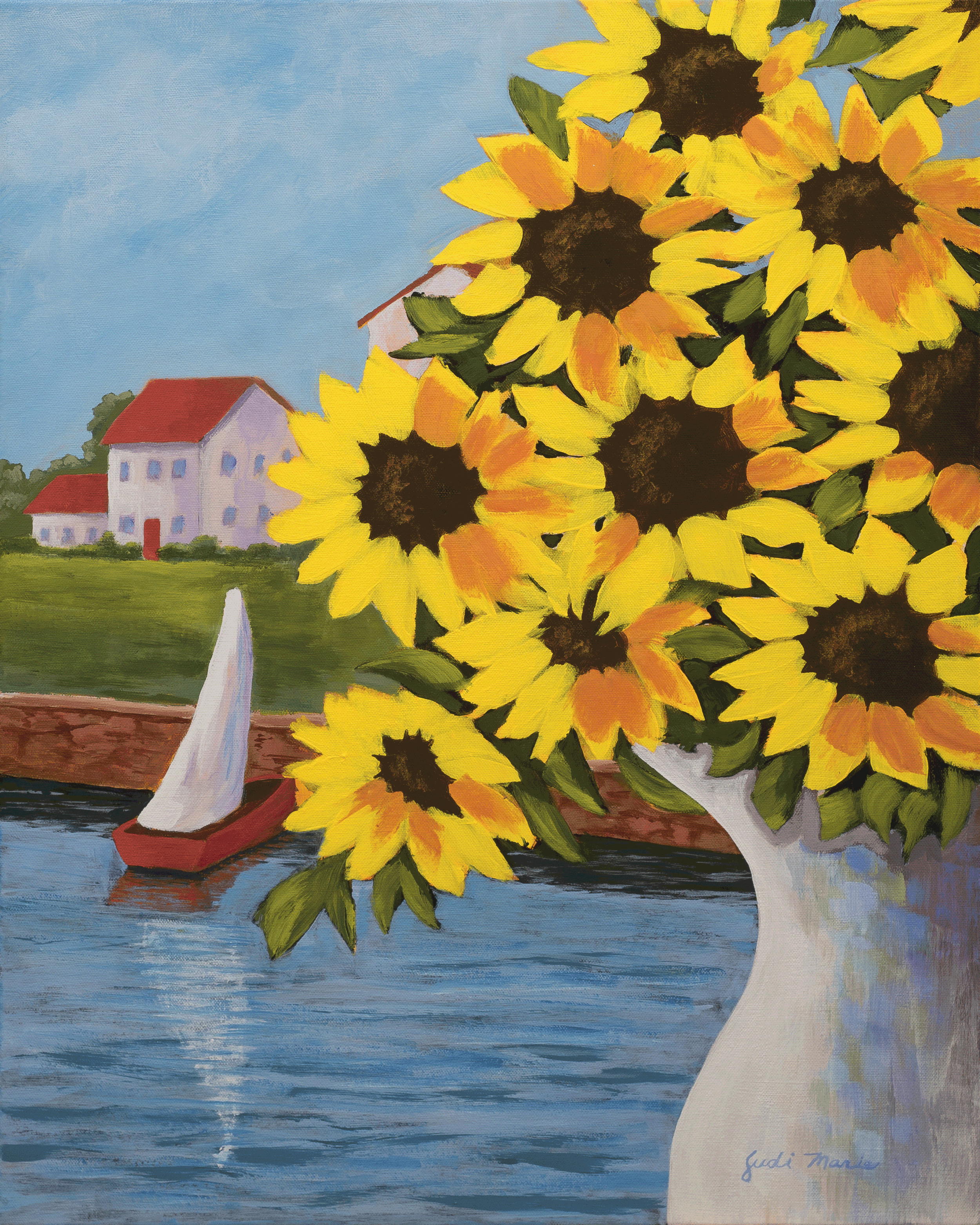 Sunflowers and Red Sailboat