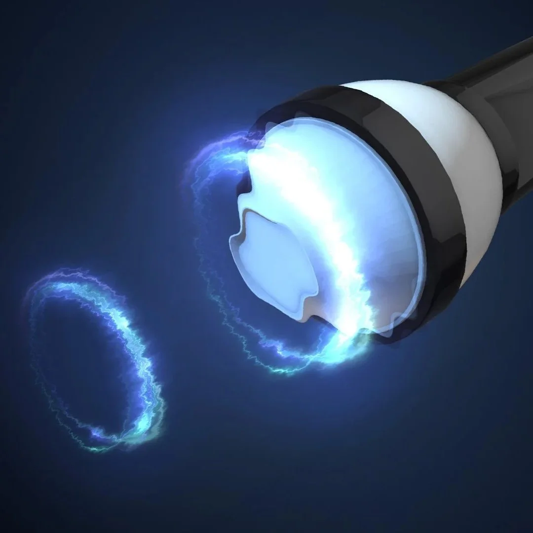 A close-up illustration of a blue electric flashlight emitting a bright beam and electric sparks, with sparks and lightning around the light source.