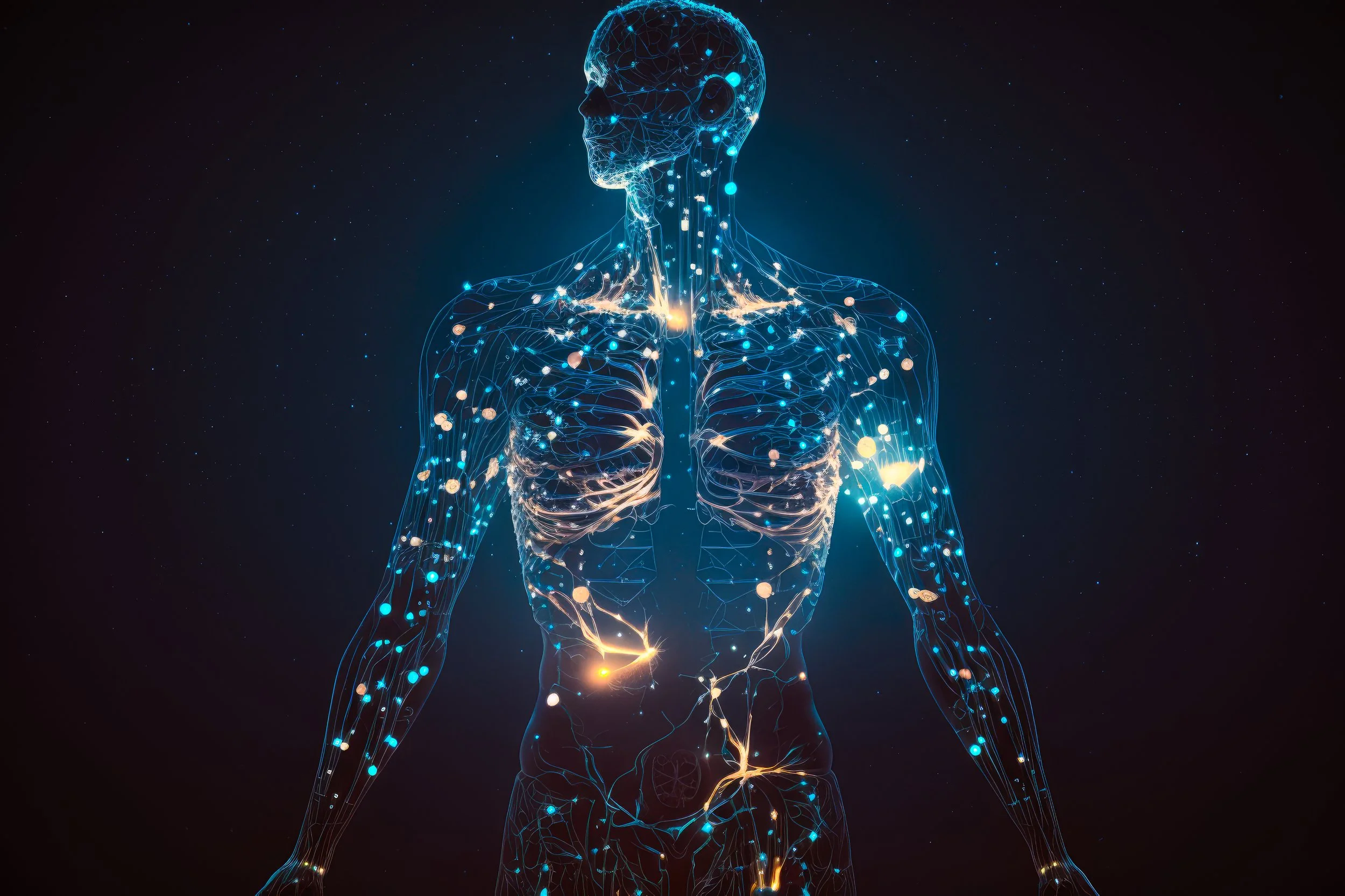 Digital illustration of the human nervous system showing nerves and neurons in the body with glowing points of connection.