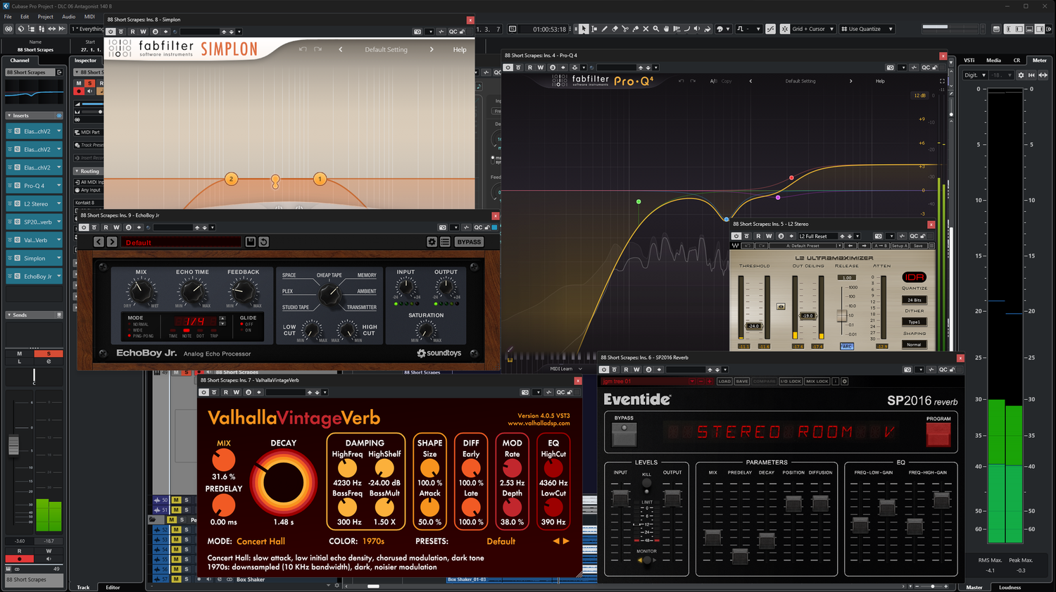 A Cubase session from one of Jason Graves' lessons, showing Cubase, EQ, reverb and other plugins