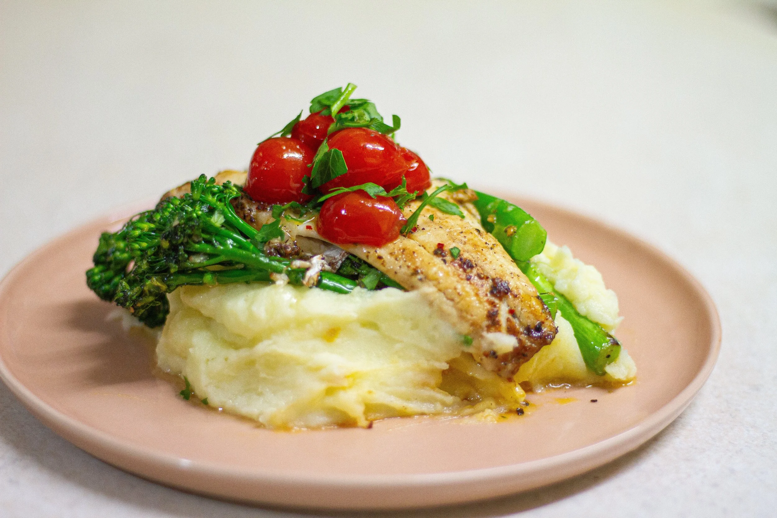 Pan-Seared Seabass with Mashed Potatoes and Stir Fried Vegetable 