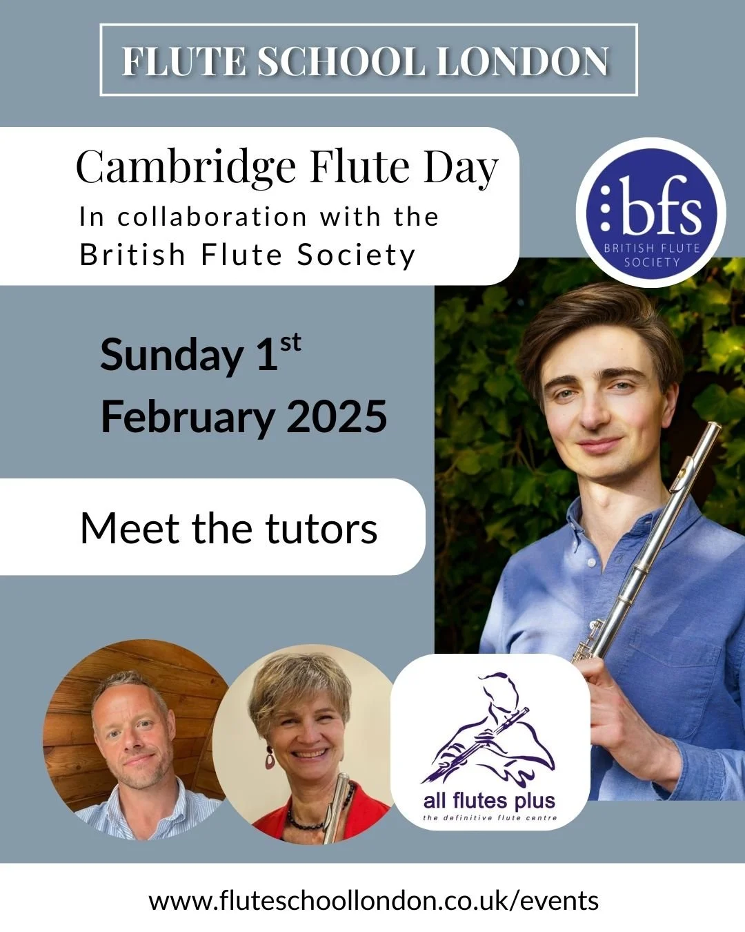 Meet the tutors leading the Flute Day on  Sunday 1st February 2026 in Cambridge! 🎶
With guest artist Tom Hancox, FSL's Janna H&uuml;neke, and BFS's Sandy Hay, it&rsquo;s set to be an inspiring and fun day!
✨ Enjoy ensemble and flute choir sessions
✨