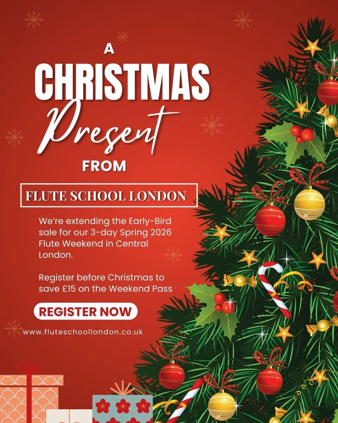 🎄✨ A Christmas Present from Flute School London! ✨🎄
We&rsquo;re extending our Early Bird sale &mdash; book before Christmas Day to save &pound;15 on your Weekend Pass for the London 3-Day Flute Course! 🎶

Join us 27 February - 1 March 2026 for thr