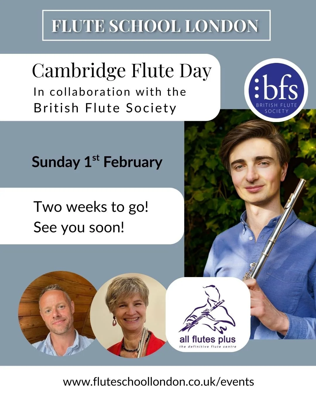 ⏰ Not long to go &mdash; just two weeks!
Join us on Sunday 1st February 2026 in Cambridge for a fantastic day of flute playing with the @britishflutesociety 🎶
With Tom Hancox, Janna H&uuml;neke, and Sandy Hay, expect ensemble playing, workshops, a m