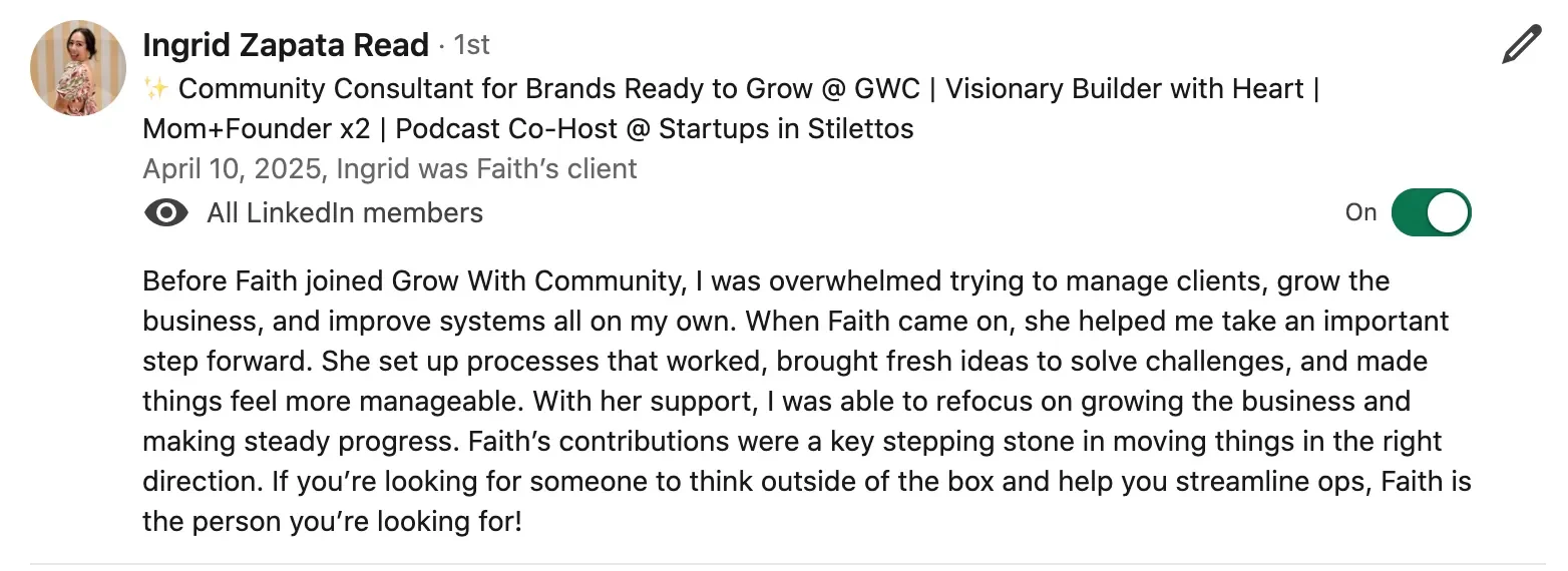 LinkedIn profile of Ingrid Zapata Read, community consultant, podcast co-host, and founder, describing her role at Grow With Community and Faith's support in her business.