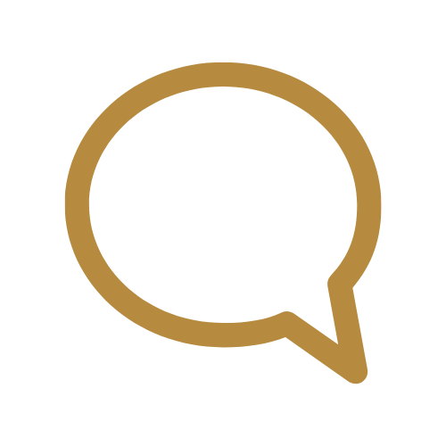 A speech bubble icon outlined in brown on a black background.