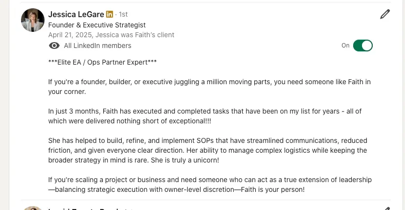 LinkedIn profile screenshot of Jessica LeGare, founder and executive strategist, featuring her professional summary and testimonials.