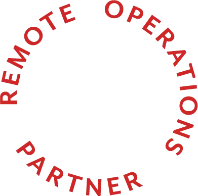 A circular black-and-white logo with red text reading "Remote Operations Partner" and a red crescent or partial circle at the top.