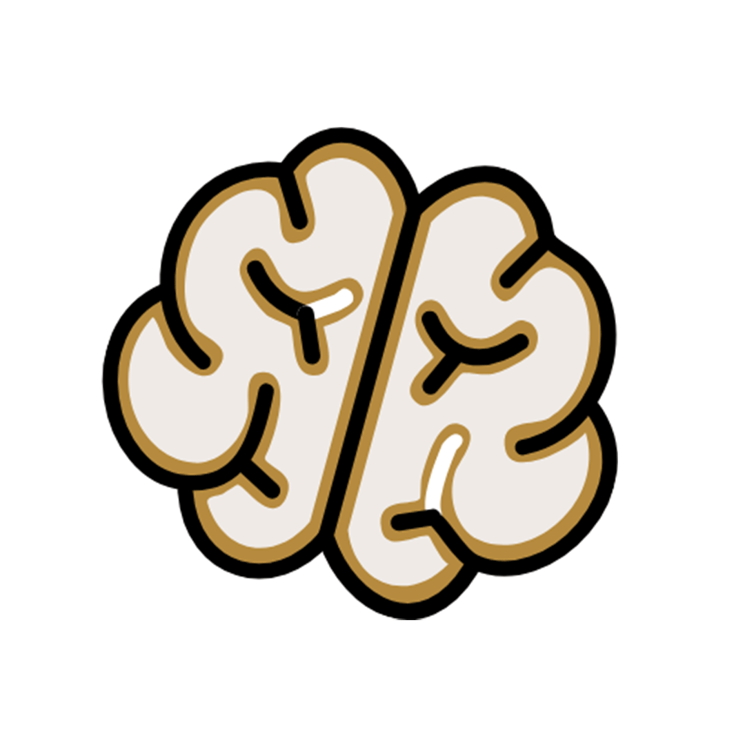 Cartoon illustration of a brain with black outline and brown accents on a light background.