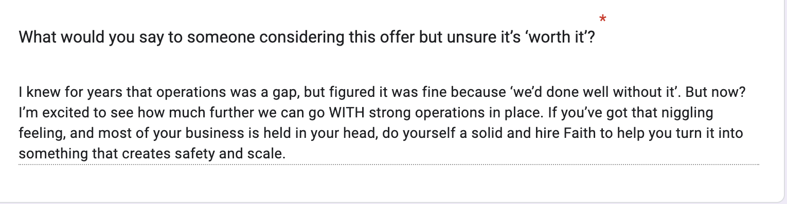 A screenshot of a text excerpt discussing evaluating offers, operational gaps, and scaling a business with the help of Faith.