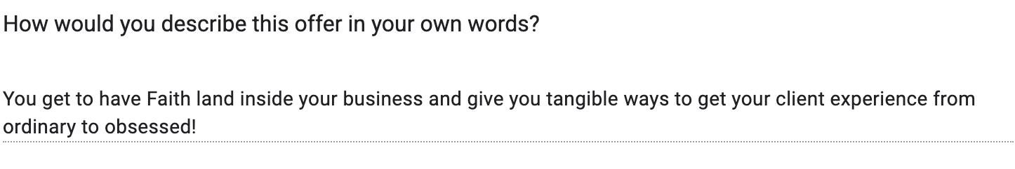 Text on a screen discussing Faith land and client experience in business.