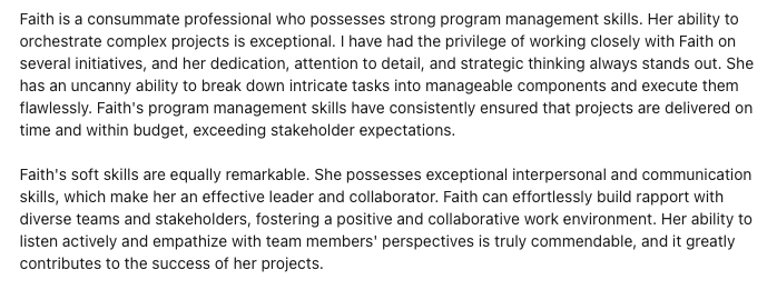 Text about Faith, a professional with strong project management and interpersonal skills, highlighting her ability to manage complex projects, lead teams, and foster a positive work environment.