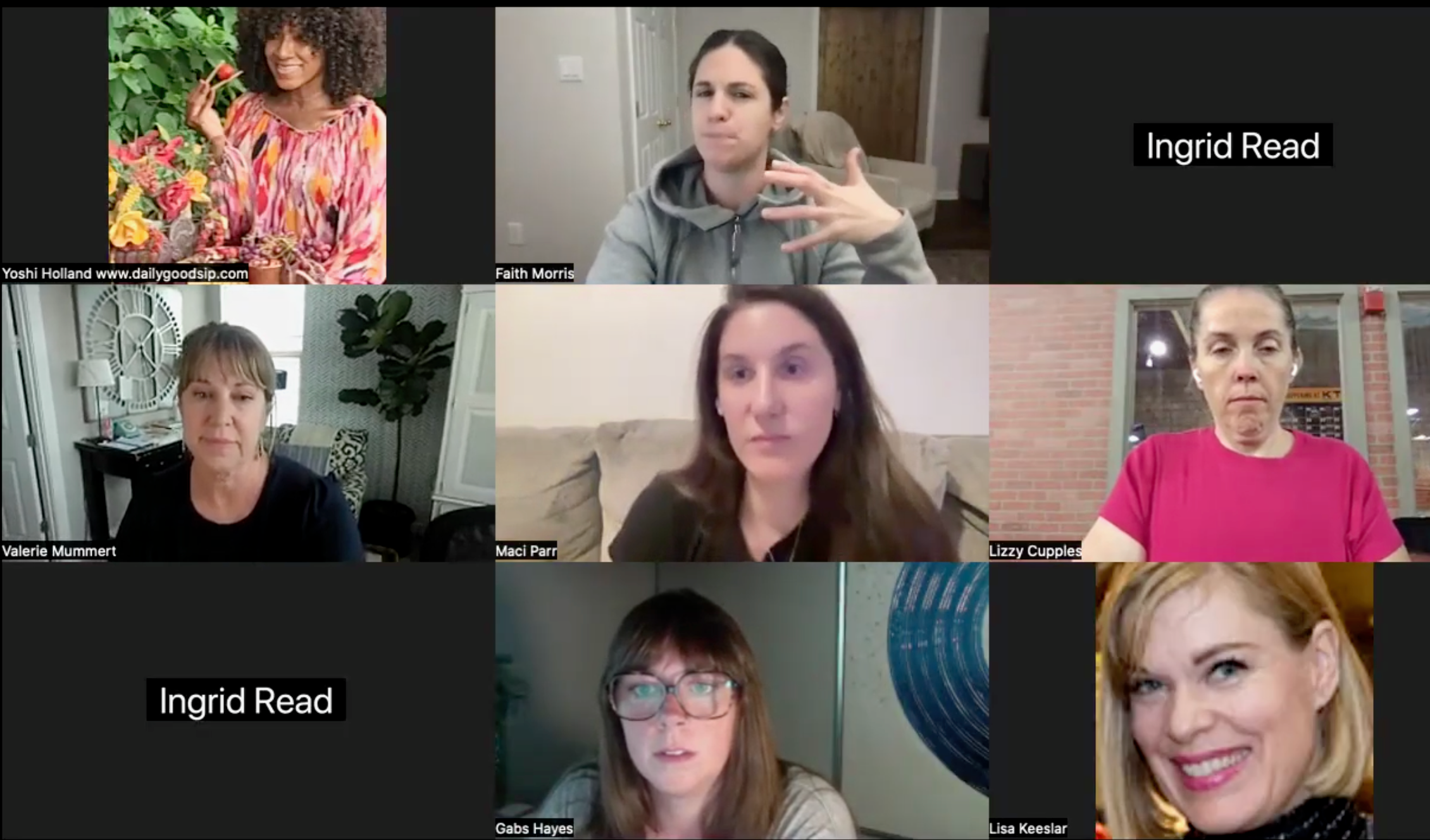 Six women participating in a virtual video call. The top row shows a woman with curly hair holding a lipstick and smiling, another woman with dark hair in a hoodie making a gesture with her hand, and a black screen with the name Ingrid Read. The middle row has a woman with earthen hair and a black shirt, a woman with long brown hair watching attentively, and a woman in a red shirt with her arms crossed. The bottom row includes a woman with glasses and long hair, and a smiling blonde woman. The background settings vary from home interiors to an outdoor scene.