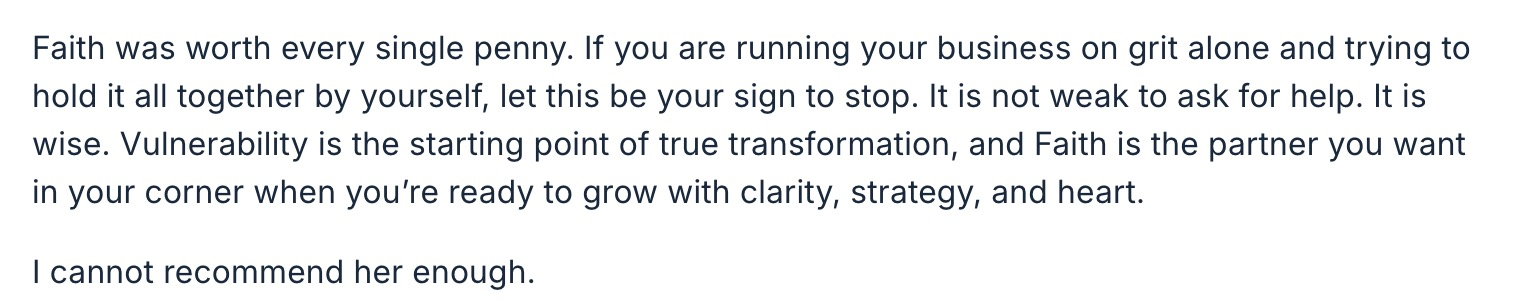 Text that discusses faith, vulnerability, and transformation, emphasizing the importance of faith as a partner for growth and success.