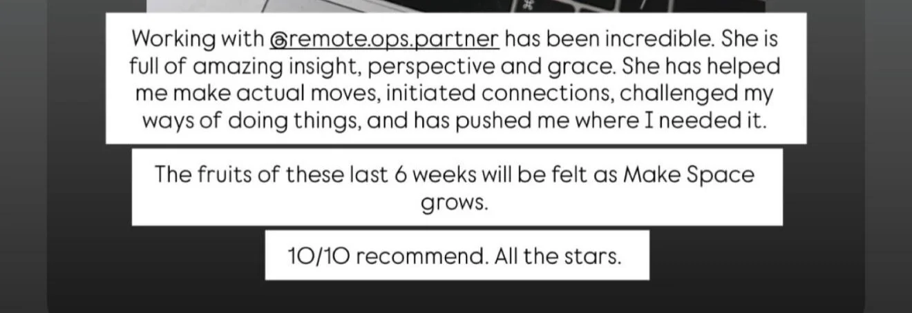 Screenshot of a review praising someone's insight, perspective, and support, mentioning a goal to feel the effects of a project in six weeks, with an overall rating of 10 out of 10.