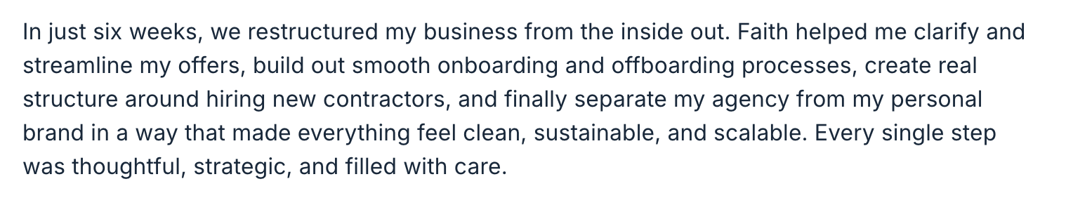 Text excerpt about restructuring a business, improving processes, and branding in a professional context.