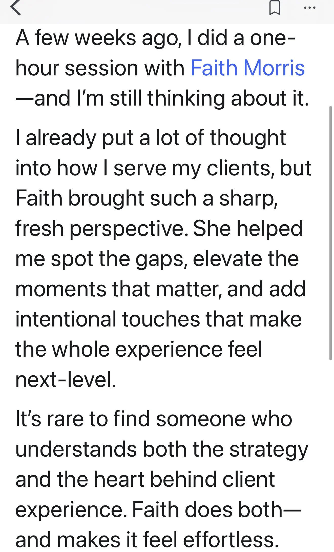 Screen showing a text excerpt from a personal story about a session with Faith Morris, highlighting her perspective on service and client experience.