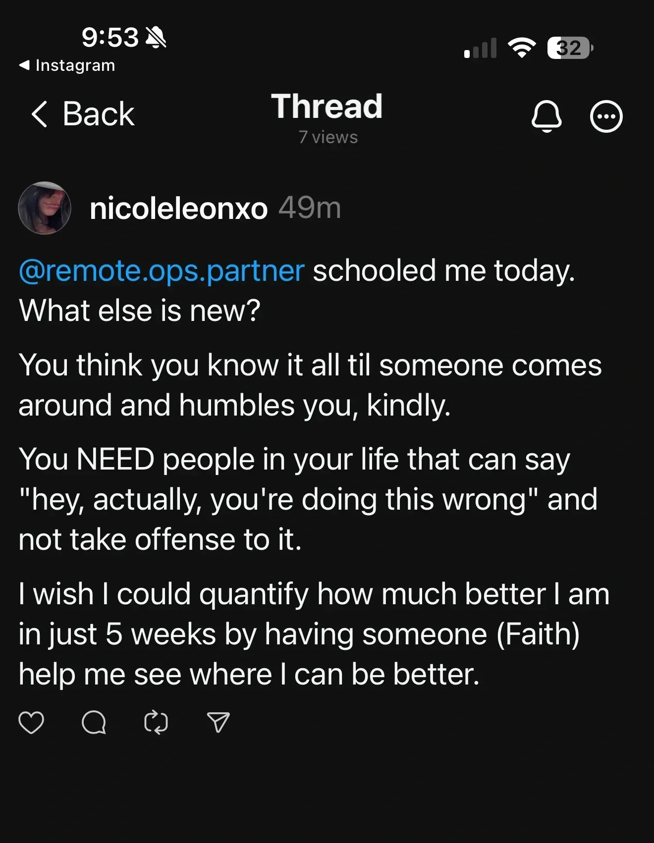 Screenshot of a social media post where a user shares their feelings about being schooled and seeking support for personal growth.