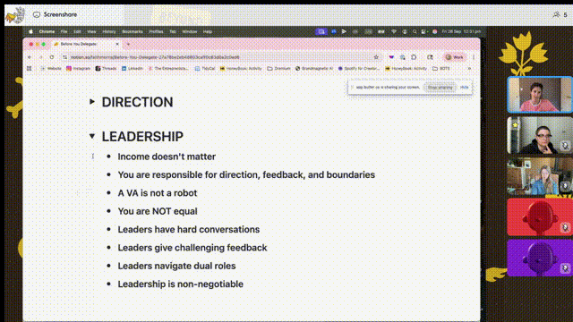 Screenshot of a virtual meeting with five participants on the right, and a shared presentation slide titled 'DIRECTION' and 'LEADERSHIP' on the left. The slide contains bullet points discussing leadership qualities, responsibilities, and challenges.