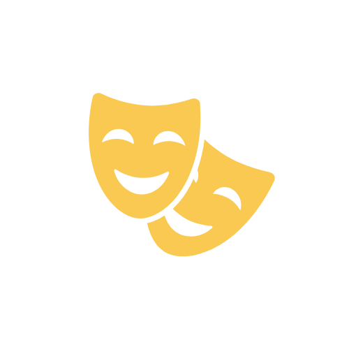 Two yellow comedy masks with smiling faces, representing theater or comedy.