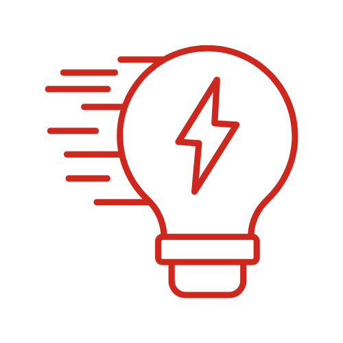 Illustration of a moving light bulb with a lightning bolt inside, symbolizing a sudden idea or inspiration.
