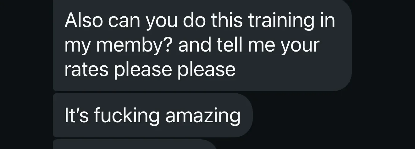 Text conversation on a mobile screen discussing training and rates, with one message expressing enthusiasm.