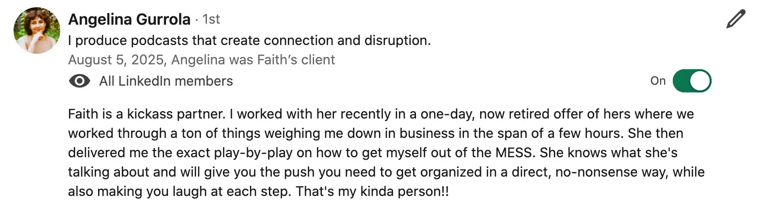 LinkedIn post by Angelina Gurrola about her client Faith, describing her as a supportive and humorous coach who helps clients with organization and stress management.