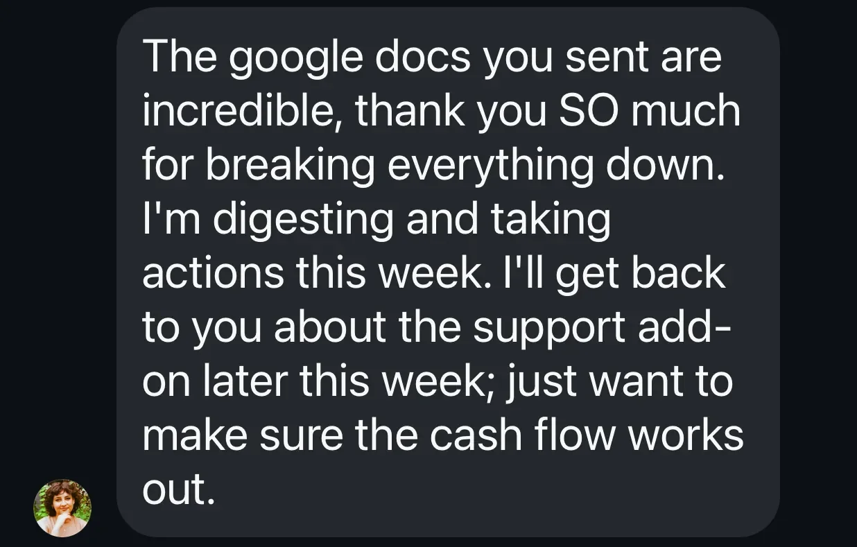 Screenshot of a messaging app conversation with a dark background. The message thanks someone for sending Google documents and discusses taking actions and ensuring cash flow.