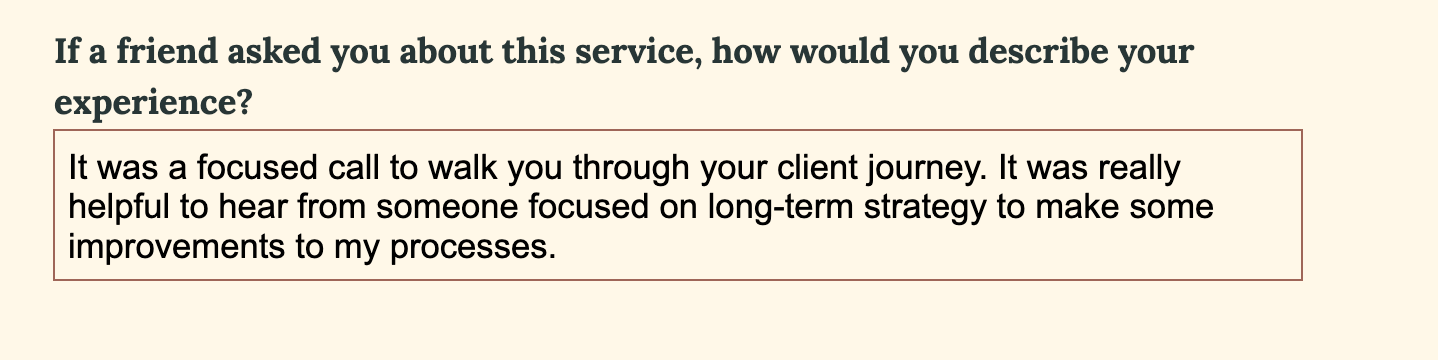 Testimonial section with a quote about a focused call providing long-term strategy insights.