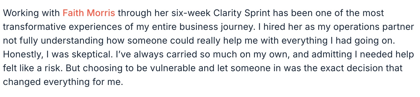 Text excerpt about working with Faith Morris and the positive impact of her support during a six-week program.