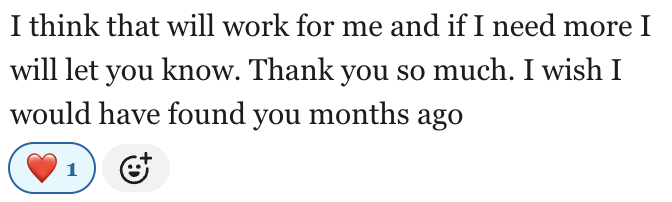 Screenshot of a message expressing hope that something will work, with gratitude and a wish to have found the person earlier.